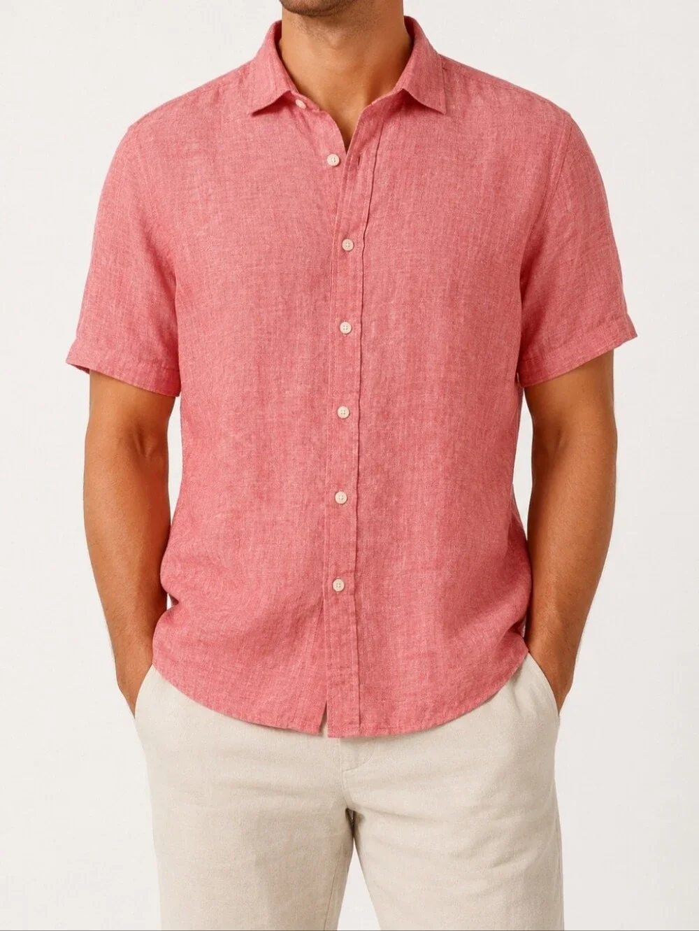 Nautica Mens XL‎ 100% Linen Coral Pink Short Sleeve Button Up Shirt